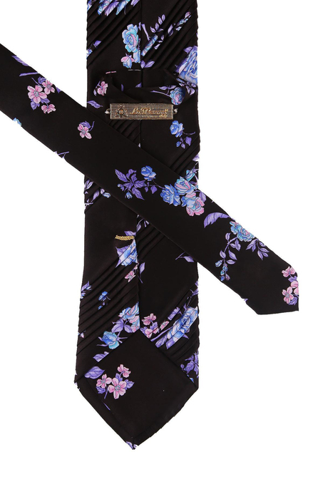 Siyah Çiçek Desen Piliseli İpek Kravat EST144