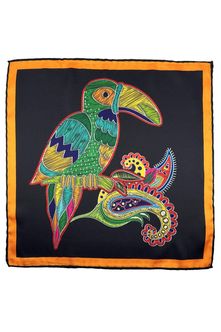 Siyah - Çok Renkli Papağan Motif Erkek Cep Mendili SPS631-111