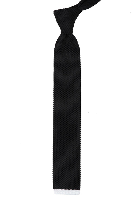 Siyah Düz Beyaz Detaylı Örgü Kravat 8207
