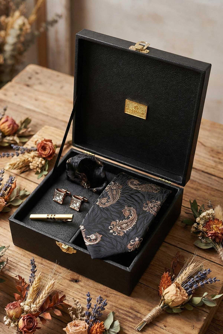 Siyah Erkek Hediye Kutusu - Kravat Kol Düğmesi Kravat İğnesi KMK127