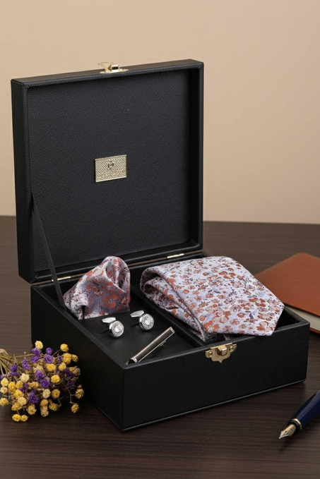 Siyah Erkek Hediye Kutusu - Mendilli Kravat Kol Düğmesi Kravat İğnesi KMK79