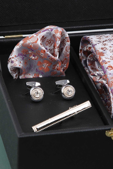 Siyah Erkek Hediye Kutusu - Mendilli Kravat Kol Düğmesi Kravat İğnesi KMK79