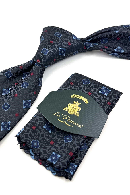 Siyah Füme Motif Desen Mendilli Klasik Kravat KK13922