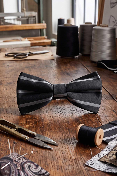 Siyah Gri Çizgi İpek Papyon SB221