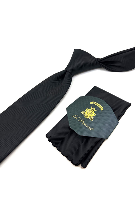 Siyah Kendinden Desen Mendilli Klasik Kravat KK11049