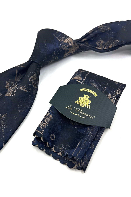 Siyah Lacivert Motif Desen Mendilli Klasik Kravat KK13750