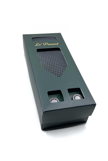 Siyah Mendilli Kravat Gri Kol Düğmesi Hediye Seti OS573