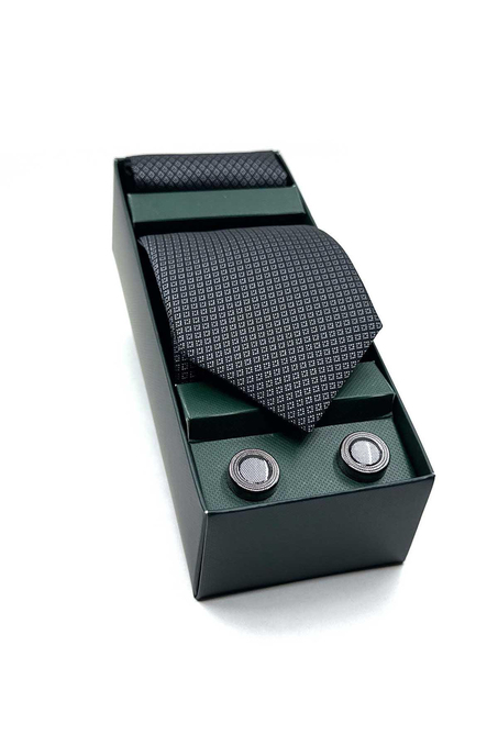 Siyah Mendilli Kravat Gri Kol Düğmesi Hediye Seti OS573