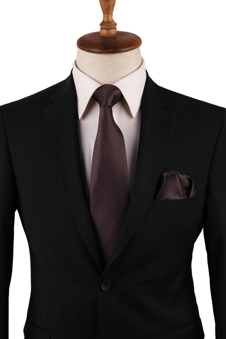 Siyah Nokta Desen Mendilli Klasik Kravat KK10769