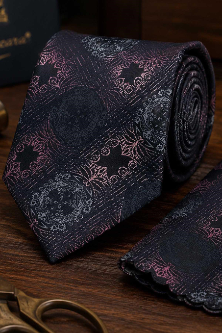Siyah Pembe Motif Desen Mendilli Klasik Kravat KK13723