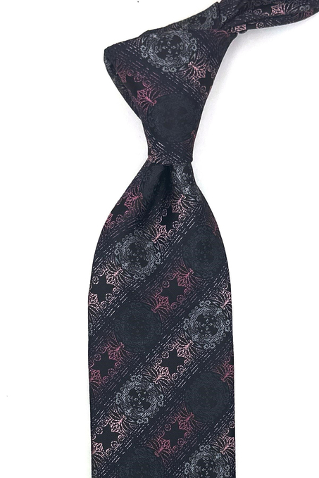 Siyah Pembe Motif Desen Mendilli Klasik Kravat KK13723