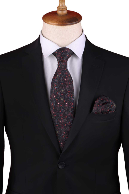 Siyah Şal Desen Baskılı Mendilli Klasik Kravat KK13348