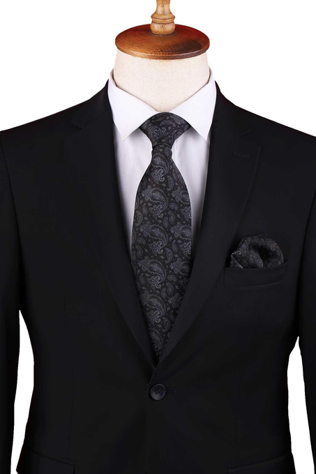 Siyah Şal Desen Baskılı Mendilli Klasik Kravat KK13358