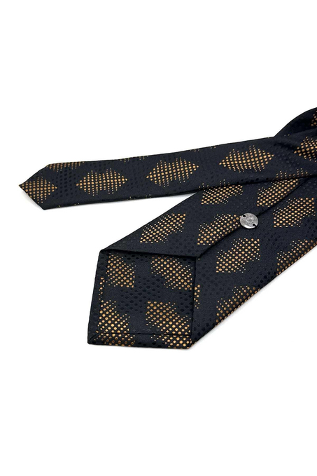 Siyah - Sarı Motif Desen Mendilli Klasik Kravat KK13418