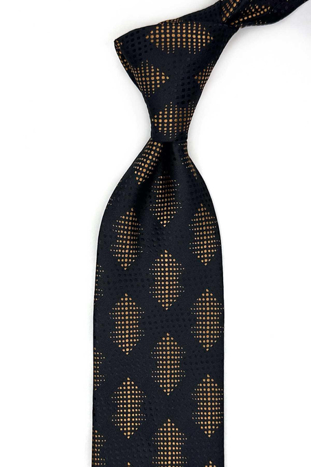 Siyah - Sarı Motif Desen Mendilli Klasik Kravat KK13418