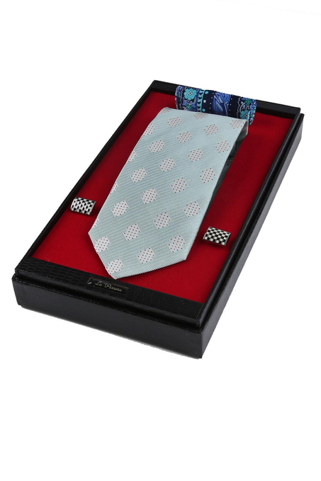 Su Yeşili İtalyan İpek Kravat Mendil Kol Düğmesi Sevgililer Günü Hediyesi SKS66