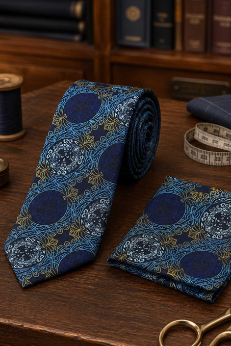 Turkuaz Sarı Motif Desen Mendilli Klasik Kravat KK13726
