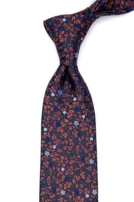 Turuncu Çiçek Desen Mendilli Klasik Kravat KK12979
