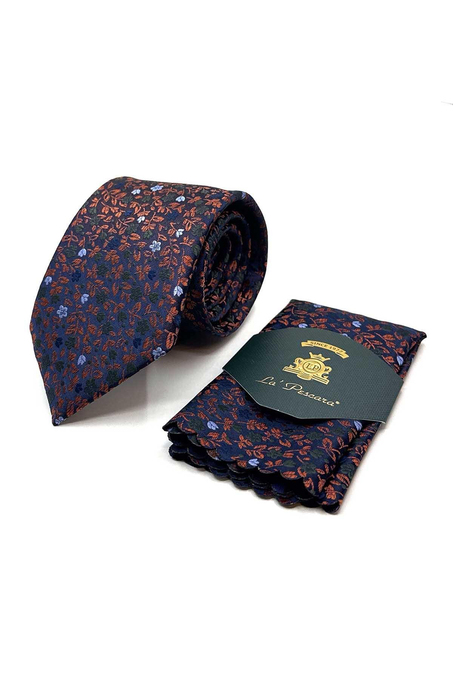 Turuncu Çiçek Desen Mendilli Klasik Kravat KK12979