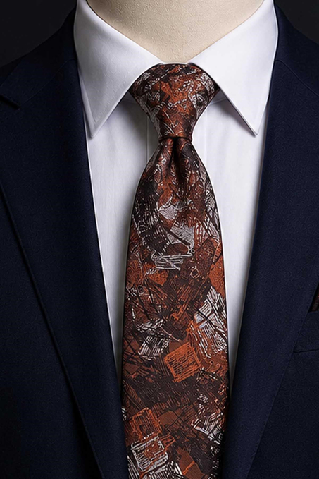 Turuncu Kahve Motif Desen Mendilli Klasik Kravat KK13751