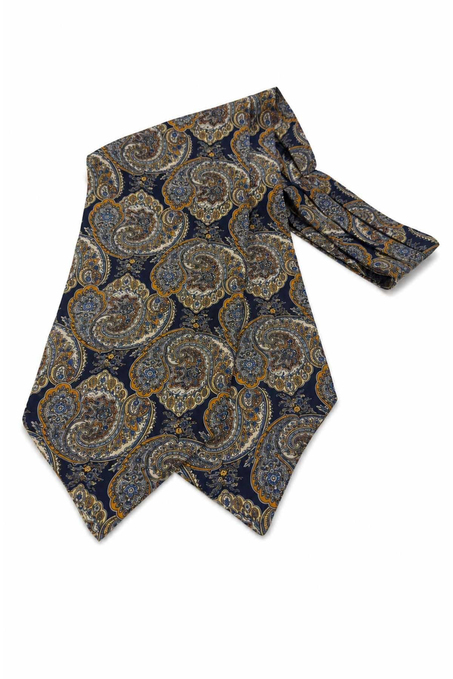 Turuncu Lacivert Şal Desen İtalyan İpek Ascot Kravat SAC70