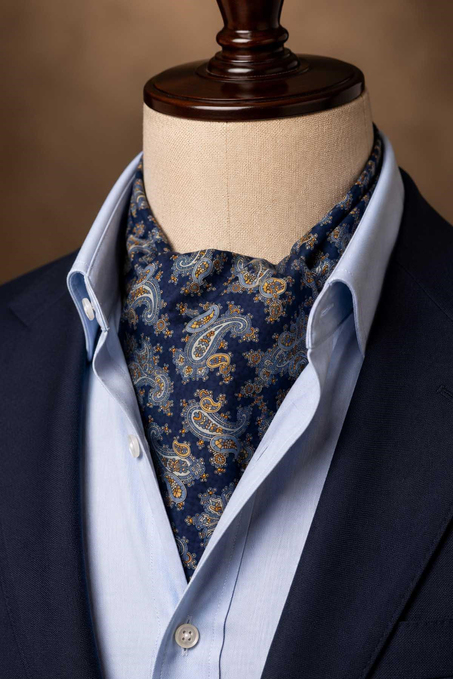 Turuncu Lacivert Şal Desen İtalyan İpek Ascot Kravat SAC108