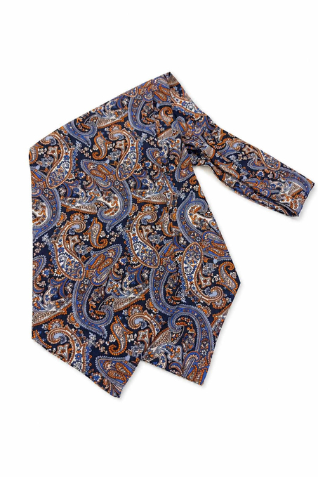 Turuncu Lacivert Şal Desen İtalyan İpek Ascot Kravat SAC73