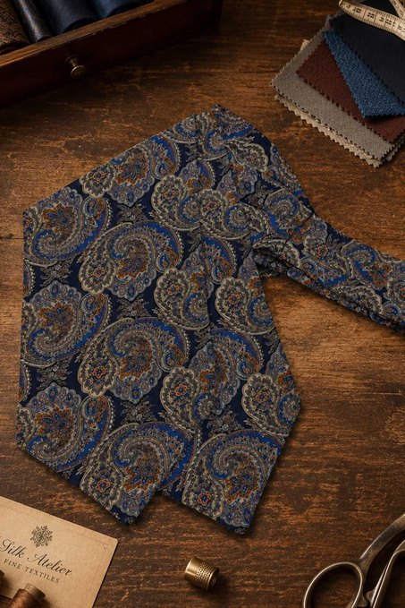 Turuncu Lacivert Şal Desen İtalyan İpek Ascot Kravat SAC88