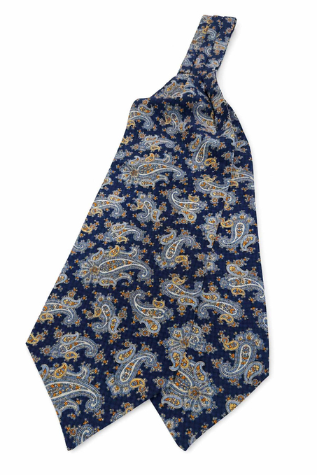 Turuncu Lacivert Şal Desen İtalyan İpek Ascot Kravat SAC108