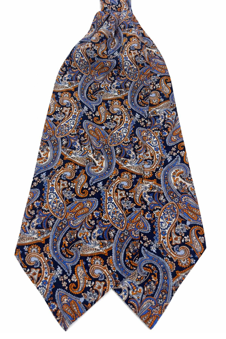 Turuncu Lacivert Şal Desen İtalyan İpek Ascot Kravat SAC73