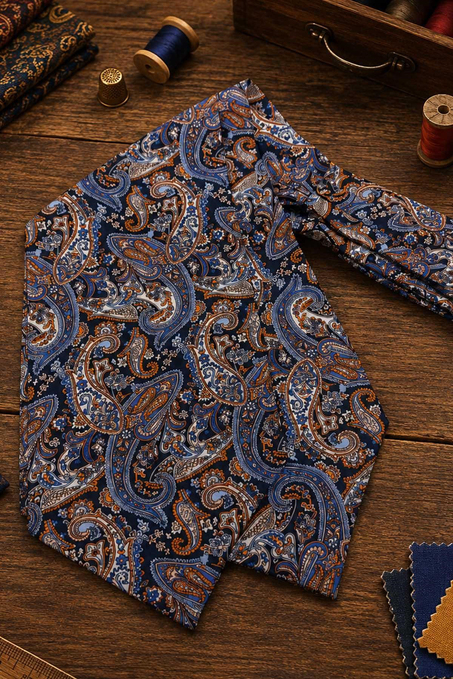 Turuncu Lacivert Şal Desen İtalyan İpek Ascot Kravat SAC73