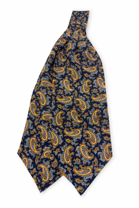 Turuncu Lacivert Şal Desen İtalyan İpek Ascot Kravat SAC144