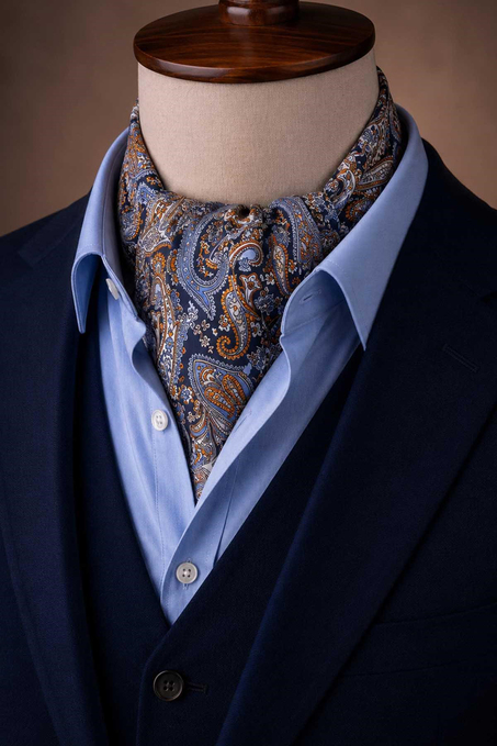 Turuncu Lacivert Şal Desen İtalyan İpek Ascot Kravat SAC73