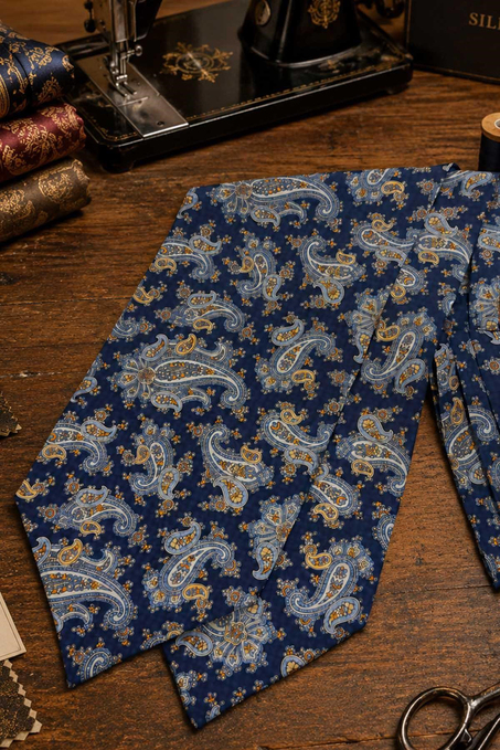 Turuncu Lacivert Şal Desen İtalyan İpek Ascot Kravat SAC108