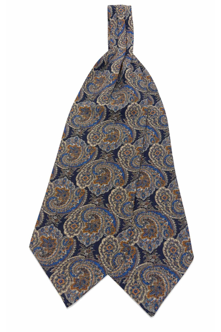 Turuncu Lacivert Şal Desen İtalyan İpek Ascot Kravat SAC88