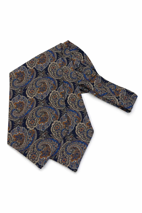Turuncu Lacivert Şal Desen İtalyan İpek Ascot Kravat SAC88