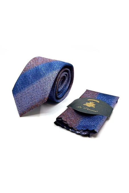 Turuncu - Mavi Çizgi Desen Mendilli Klasik Kravat KK13070