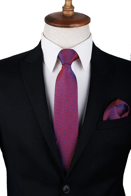 Turuncu - Mavi Küçük Desen Mendilli Klasik Kravat KK9979