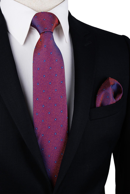 Turuncu - Mavi Küçük Desen Mendilli Klasik Kravat KK9979