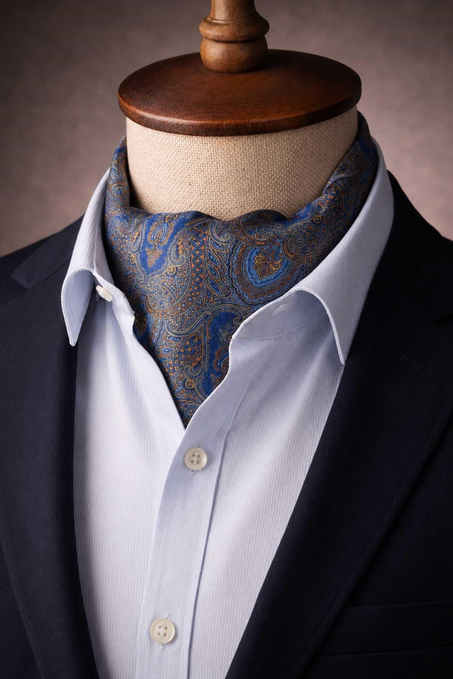 Turuncu Mavi Şal Desen İtalyan İpek Ascot Kravat SAC135