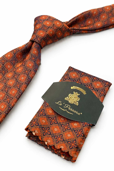 Turuncu Motif Desen Mendilli Klasik Kravat KK13060