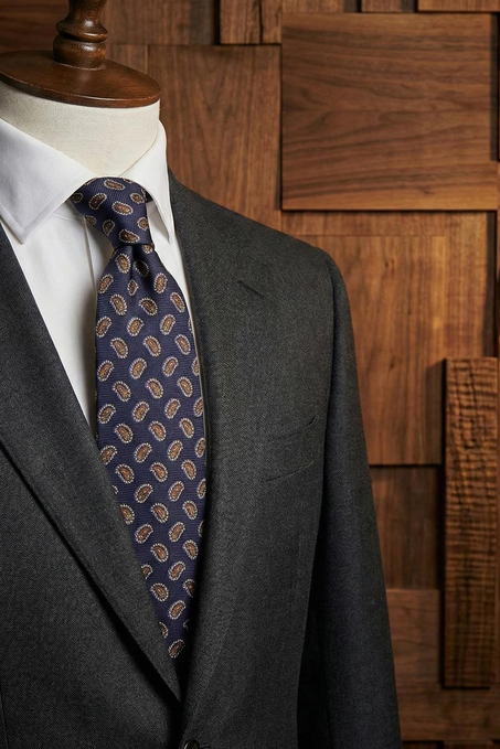 Verzasca Style Lacivert Şal Desen İtalyan İpek Kravat İK2242