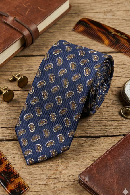Verzasca Style Lacivert Şal Desen İtalyan İpek Kravat İK2242
