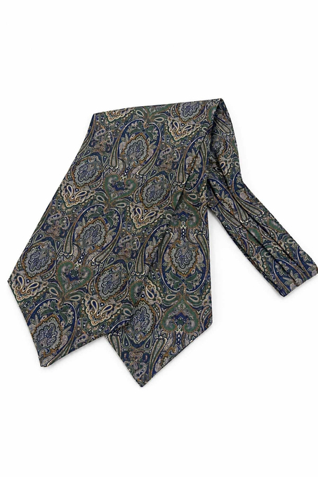 Yeşil Çok Renkli Şal Desen İtalyan İpek Ascot Kravat SAC134