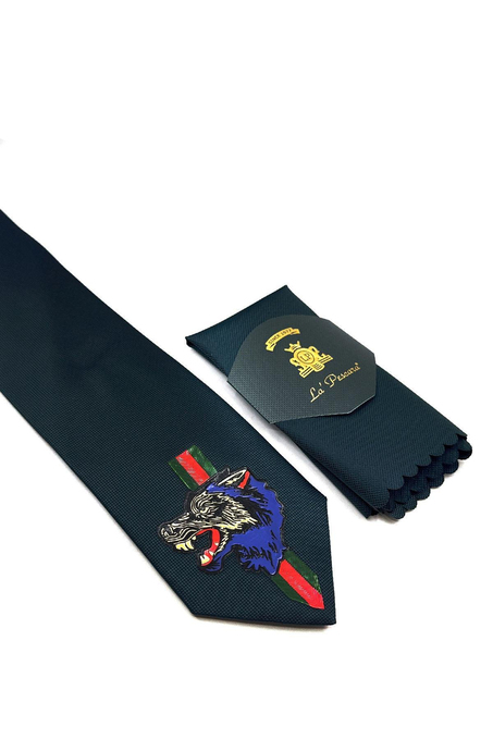 Yeşil Düz Kurt Arma Baskılı Kravat KK11702