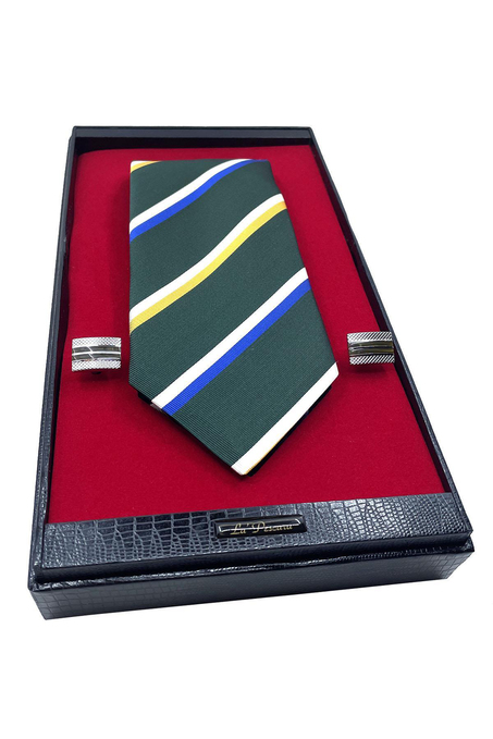 Yeşil İtalyan İpek Kravat Çelik Kol Düğmesi Erkek Hediye Seti SKS38