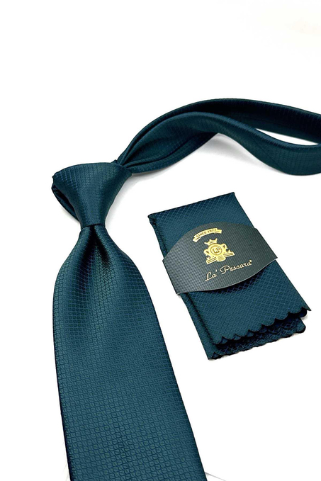 Yeşil Kendinden Desen Mendilli Klasik Kravat KK12829