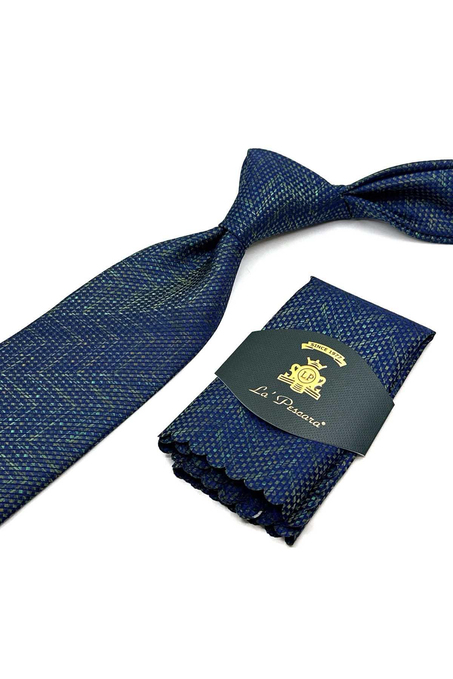 Yeşil - Lacivert Kum Desen Mendilli Klasik Kravat KK12936