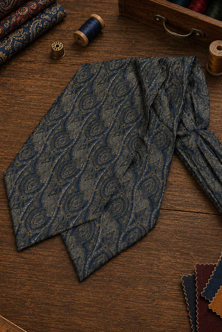 Yeşil Lacivert Şal Desen İtalyan İpek Ascot Kravat SAC79