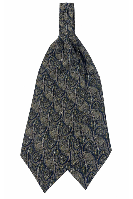 Yeşil Lacivert Şal Desen İtalyan İpek Ascot Kravat SAC79